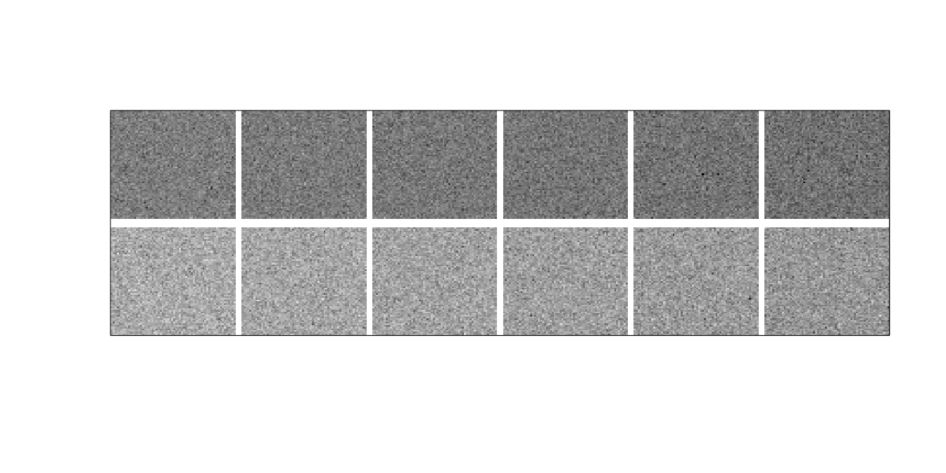 Frames 1, 100, 200, 300, 400 and 500 from simulated image series. \(\epsilon = 4\) (top) and \(\epsilon = 7\) (bottom) with 15% (top) and 20% (bottom) bleaching.